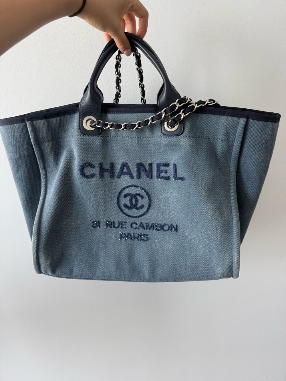 CHANEL Denim Blue Canvas Medium Deauville Sequins Tote